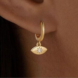 14k gold plated Eye Charm Hoop Earrings with cubic zirconia Crystal Accent